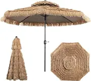 Costway Thatched Tiki Umbrella, Hawaiian Style Patio Beach Umbrella W/8 Ribs, Tilt Adjustment Manual Crank System, Outdoor Umbrella for Poolside, Beach, Courtyard, Metal Frame