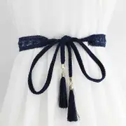 Women Solid Color Braided Tassel Belt Boho Waist Rope Knit Belt for Dress Waistbands Accessories navy blue