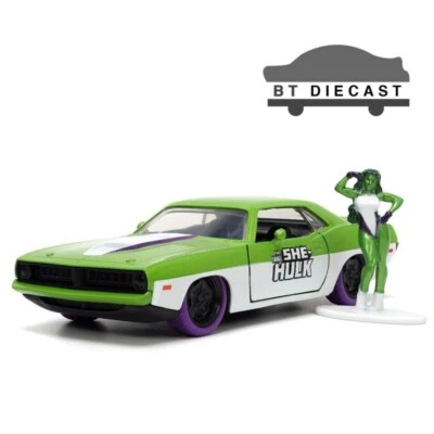 JADA 1973 PLYMOUTH BARRACUDA 1/32 with SHE HULK FIGURE GREEN WHITE 34273