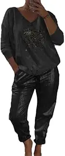 [DSAoTeng] Womens 2 Piece Sequins Sets Outfits Glitter Pullover Top + Long Pants Metallic Shiny Party Tracksuit Set