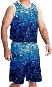 [KQNZT] Basketball Jerseys Shorts Sport Set, Outfit Tank Top Track Shorts, Hip hop Clothing for Party, Modern Geometric Pattern Blue Abstract Ocean