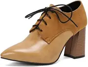 [IKOFLYE] Women Lace Up Block Heel Work Office Oxford Shoes Closed Pointed Toe Fashion Western Chunky Stacked Heel Saddle Shoes