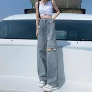 High-Waist Washed Ripped Straight-Cut Jeans Blue - S