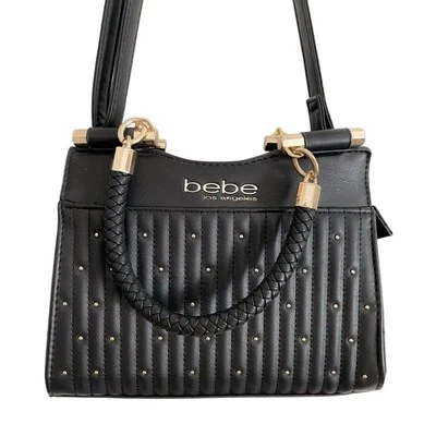 BEBE Purse Womens Aliah Stud Micro Shopper Crossbody Handbag Black double strap