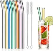 8 Pcs Reusable Glass Straws, 8" x8mm Eco-Friendly Drinking Straws for Smoothies, Milkshakes, Tea, Juice, Cocktails - Multi-Color Mixed (8Pcs Bent)