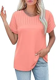 [Generic] Womens T Shirts Casual Summer Tops Pleated Crewneck Short Sleeve Blouses Trendy Beach Vacation Clothes Leopard Print Long Sleeve