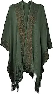 [ZLYC] Women's Shawl Golden Trim Knit Blanket Wrap Fringe Poncho Coat Cardigan