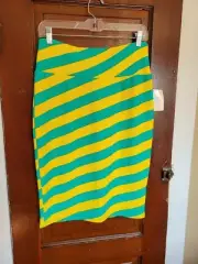 NWT LULAROE Women's M Green Yellow Striped CASSIE Polyester Spandex Pencil Skirt