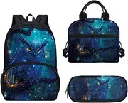 [Dajingkj] Owl Design Backpack for Kids Boys Girls Blue School Bags Teen Casual Travel Hiking Camping Bookbags Set School Backpack with Lunch Box and Pencil Case