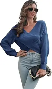 [Generic] Women Sexy Long Sleeve Wrap V Neck Sweaters Cross Front Knit Cropped Pullover Sweater