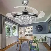 FanLighting 42 Inch Invisible Reversible Ceiling Fan with LED Lights and Remote Control, 4 Retractable Blades Fan Chandelier for Bedroom, Indoor Crystal Ceiling Light Kits with Fans (Chrome)