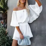 Off Shoulder Ruffle Sleeve Romper Loose Waist Chiffon Jumpsuit (White S) ECM