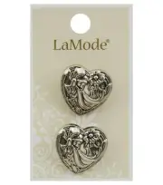 LaMode Heart Shaped Buttons Silver Flower Heart 1" Size 2 Pack Shank NEW