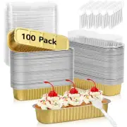 100 Pack Mini Loaf Pans with Lids and Spoons Disposable Aluminum Tin Foil Pan...