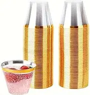 50 Pcs Reusable Plastic Cups, 9 OZ Rose Gold Party Tumblers, Old Fashioned Imitation Glass, Fancy Wedding Beverage Water Cups, Elegant Gold Rim (Gold)