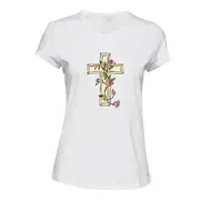 Jesus Cross Good Friday Rose Christian White Ladies Women T Shirt Tee Top Female