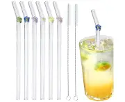 Set of 6pcs Flowers Design Reusable Drinking Glass Straws with 2pcs Cleaning Brushes
