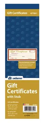 Adams 1 Part Gift Certificates Book 25 Consecutively Numbered with Stub