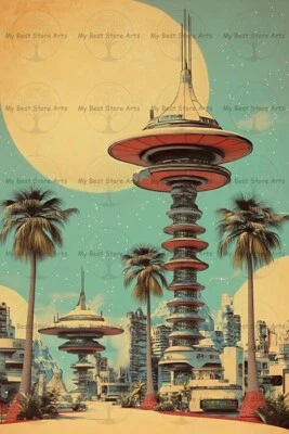 RETRO FUTURISTIC SCI-FI CITY ART PRINT, Atomic Era Decor Fantasy Metropolis