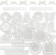 4 Packs Vintage White Flower Butterfly Sticker Decorative Sticker of Lace Trim Scrapbooking Washi Paper Sticker Aesthetic Foam Sticker with Bowknot Sticky Pearl for Junk Journal Diary Planner (Mist)