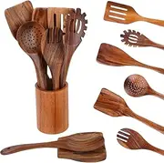 9-Piece Natural Teak Wooden Cooking Utensil Set with Wooden Holder & Spoon Rest - Comfort Grip, Heat Resistant & Non-Stick Tools for Nonstick Cookware - Premium Kitchen Tools for Home Chefs