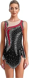[inhzoy] Women Sleeveless Rhinestones Leotard Dress for Rhythmic Gymnastics Dance Competition Performance