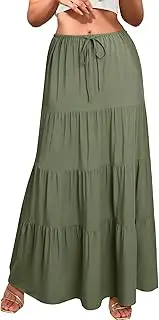[Ezcosplay] Women Ruffle Tiered Cotton Maxi Skirt Drawstring Elastic High Waisted Pleated A Line Swing Long Skirts, Army Green, Medium