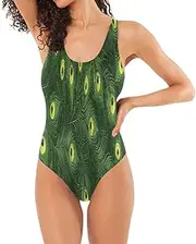 [Joisal] Teddy Bear Heart Balloon Swimsuits Women One Piece, Green Peacock Feathers, Medium