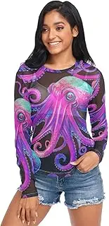 [RPLIFE] Vibrant Purple Octopus Mesh Top Women, See Through Sleeve Tops for Women S-XXL