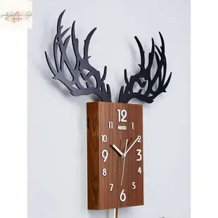 北歐 時尚 鹿頭鐘錶 搖擺掛鐘 靜音 木紋掛鐘客廳現代 簡約時鐘 藝術 家用鍾飾