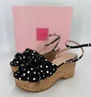 Kate Spade Julep Double Bow Platform Wedge Sandals sz 7.5 Black Polka Dot Cork