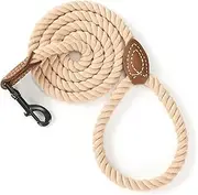 Mile High Life Braided Cotton Rope Leash Leather Tailor Handle Heavy Duty Metal Sturdy Clasp (Light Brown, 6 FT)