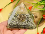 Dalmatian Jasper Orgone Pyramid with Reiki Sign & Clear Quartz Point, 3 inch