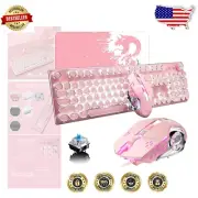 Cute Pink Retro Keyboard & Mouse Set with White LED & Customizable Backlighting
