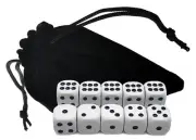 Lot (10) 16mm 5/8" D6 White Dice Black Pips Dots + Storage Pouch Black Velvet