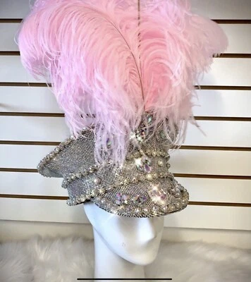 NEW-Burning man military crystal hat with feathers