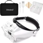 Rechargeable Headband Magnifier W/ Light, 1X-14X, 6 Lens, Carry Case, Visor for