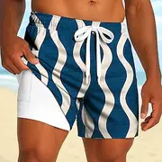 Men's Geometric Waves Lined Shorts 2 in 1 Board Shorts Swim Shorts Mid Waist Hawaiian Holiday Side Pockets With Compression Liner Elastic Drawstring Waist Desi