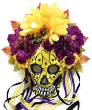 Day of the Dead Mask Dia de los Muertos Yellow Grin and Streamers Papier Mache'
