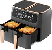 Double Air Fryer, 2 Independent Air Fry Baskets, Digital LED Display Airfryer, Healthy Oil-Free Fryer, Nonstick & Dishwasher-Safe Basket, Portable Kitchen Appliance