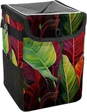 Car Trash Can with Lid and Storage Pockets Leak-Proof Organizer,Waterproof Garbage Can,Tropical Plant Art Painting