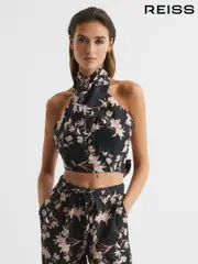 Reiss Black/Blush Ally Printed 100% Linen Halter Neck Cropped Top (D56897) | $240