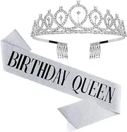 Birthday Sash & Rhinestone Tiara - Silver Birthday Gifts Glitter Birthday Sash Birthday Party Favors