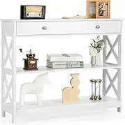 Giantex 3-Tier Console Table, Sofa Table with 1 Drawer and 2 Storage Shelves, Entryway Table with X-Design for Hallway, Living Room and Entryway, White