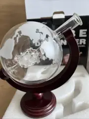 New Ponpur Etched World Map Globe Decanter Set Glasses Wood Stand Whiskey Balls