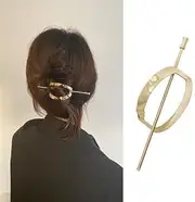 Geometry Hair Clip Minimalist Oval Hair Cuff Hairpin Boho Oval Circle Hair Bun Pin Gold Ponytail Holder for Women and Girl (Gold, One size)