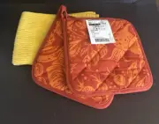Ikea Hostagille ~ Set of 2 Pot Holders Orange 8x8" Plant Pattern Yellow Towel