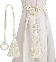 Decorative Curtain Tiebacks with Tassel, Braided Rope with Ring, Cream White, Set of 2