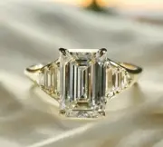 3CT Emerald Cut Moissanite Ring Baguette Side Stones – 14k Yellow Gold Plated