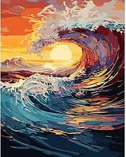 tigdtiu Paint by Numbers for Adults Landscape - DIY Adult Paint by Number Kits Pack On Canvas Sunset Wave Painting by Numbers for Beginners, Decor（16x20 in）